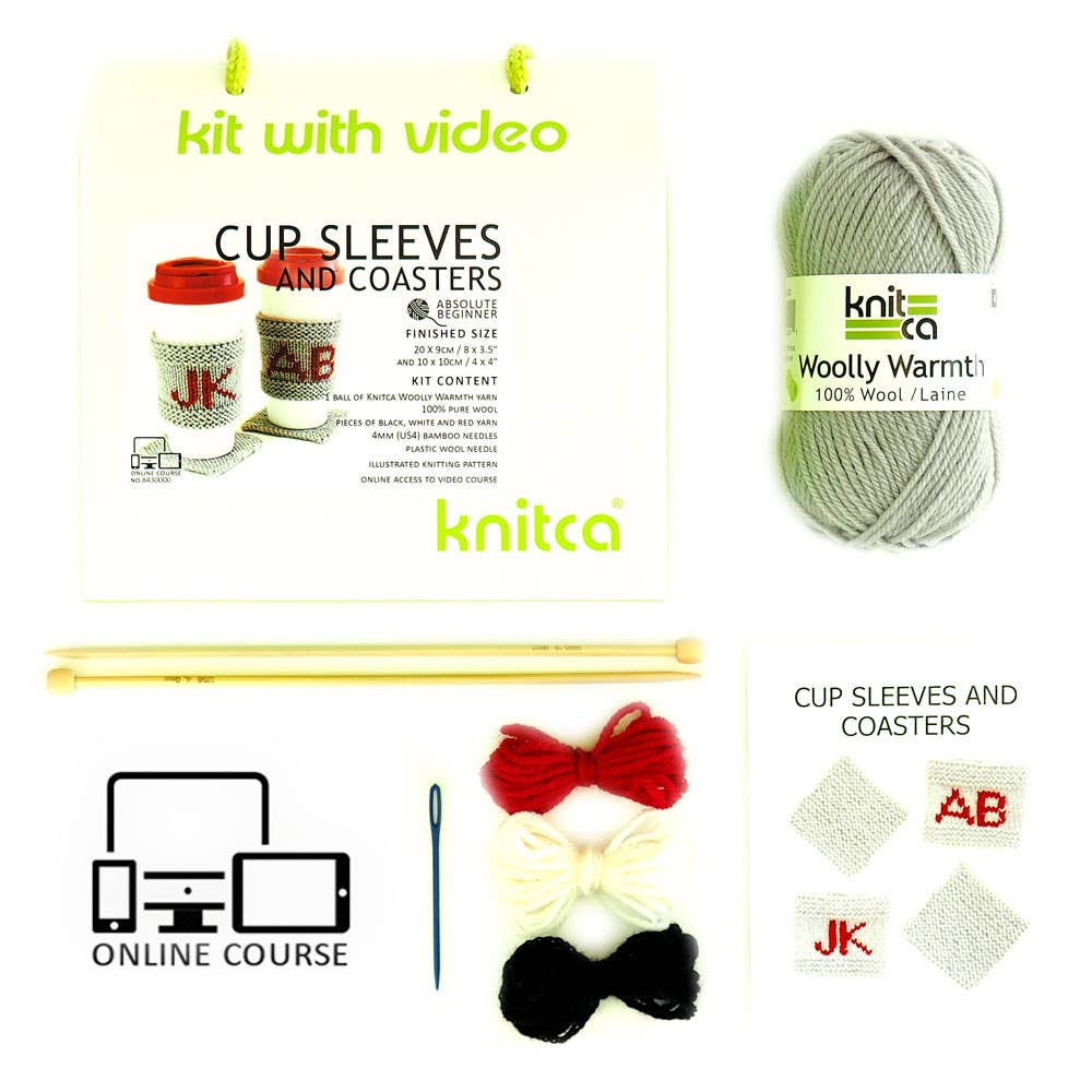 Cup Sleeves and Coasters : learn to knit kit with video: Pale Taupe