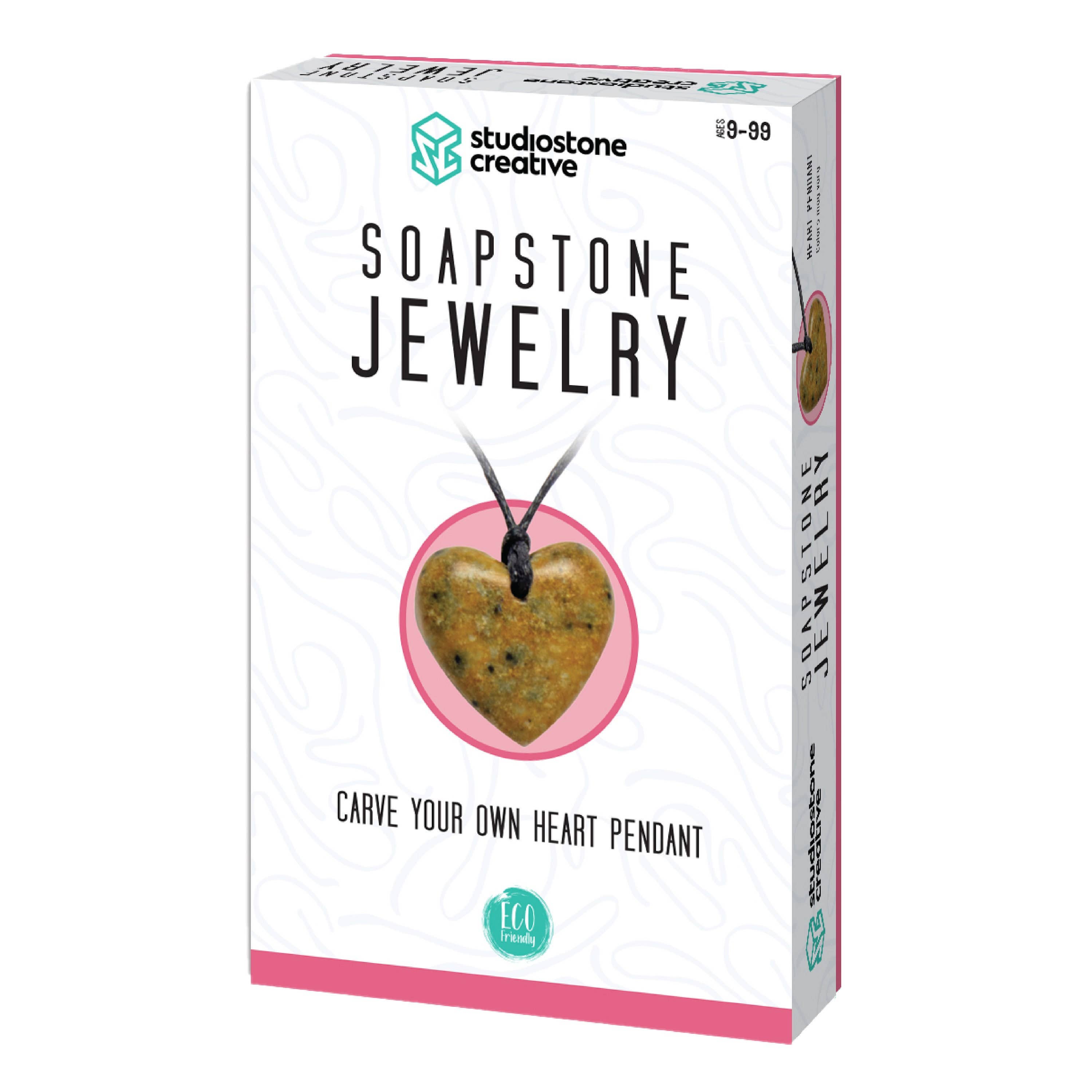 Studiostone Creative - NEW! Heart Soapstone Pendant Jewelry Kit Carving and Whittling - DIY Stone Necklace Arts and Craft Kit. For kids and adults 9 to 99+ Years.